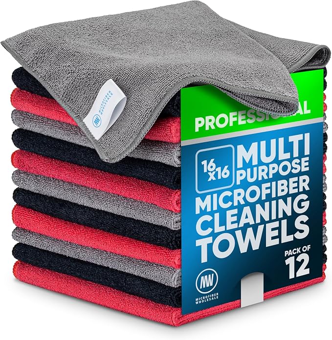MW Pro Microfiber Cleaning Cloth | Black, Red, Gray (12 Pack) | Size 16" x 16" | All Purpose Microfiber Towels - Clean, Dust, Polish, Scrub, Absorbent by MicrofiberWholesale