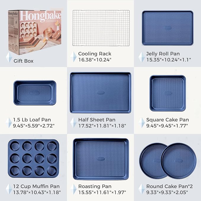 HONGBAKE 9-Piece Baking Pans Set Nonstick, Stackable Non Toxic Bakeware Sets with Diamond Texture, Oven Pan Set for Cooking, Includes Cookie Sheet with Rack, Cake Pan, Roasting Pan, Muffin Tin, Blue - Image 6