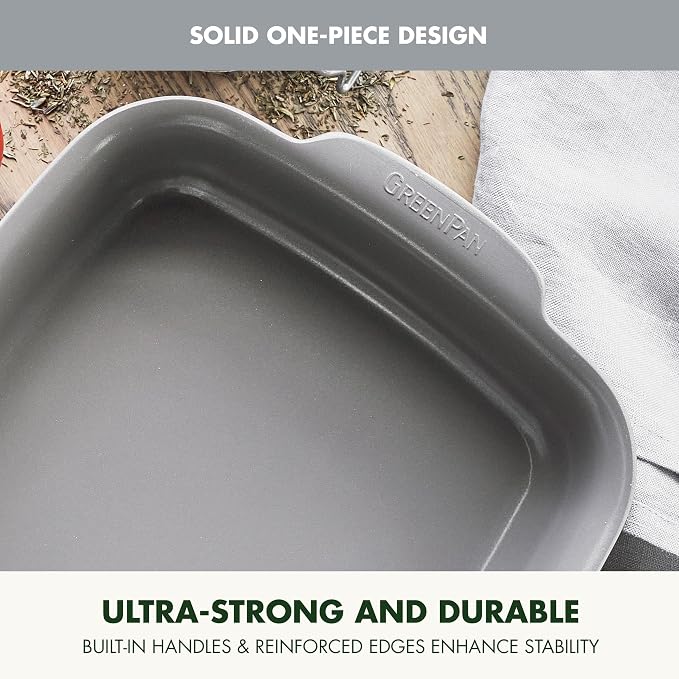 GreenPan Premiere Ovenware Healthy Ceramic Nonstick 8" Square Cake Baking Pan, Cast Aluminum Bakeware, Warp-Free, Oven and Broiler safe to 600F, Dishwasher Safe, PFAS-Free, Gray - Image 6