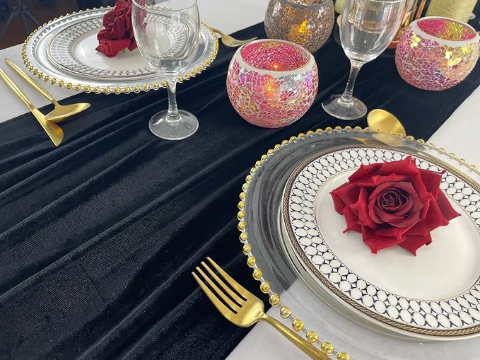 Luxurious Velvet Table Runner, 10ft Wedding Reception Decorations, 20x120inch Soft Velvet Fabric, Table Linen Overlay, Wedding Table Runners (Black, 20X120inch) - Image 4