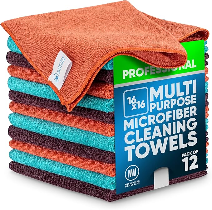 MW Pro Microfiber Cleaning Cloth | Coral, Teal, Plum | 12 Pack | 16” x 16” | All Purpose Microfiber Towels - Clean, Dust, Polish, Scrub, Absorbent by MicrofiberWholesale