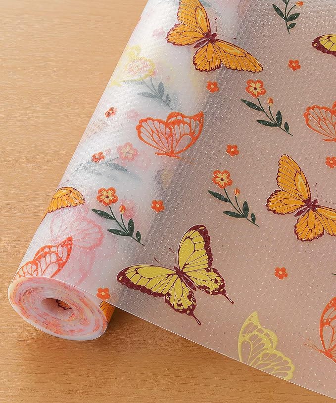 Shelf Liner for Kitchen Cabinets - Non-Adhesive Waterproof and Oil-Proof Drawer Liner, Reusable Protector for Dresser, Wire Shelf, Cupboards(Colorful Butterfly, 17.5" W x 360" L) by Cooyes