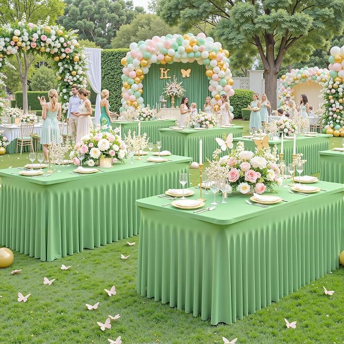gogoparti 4 Pack Spandex Sage Green Fitted Table Cloth for 8ft Rectangle Tables Sage Green Stretch Tablecloth Table Covers Skirt Banquet Wrinkle Free Tablecloths for Parties Wedding - Image 2