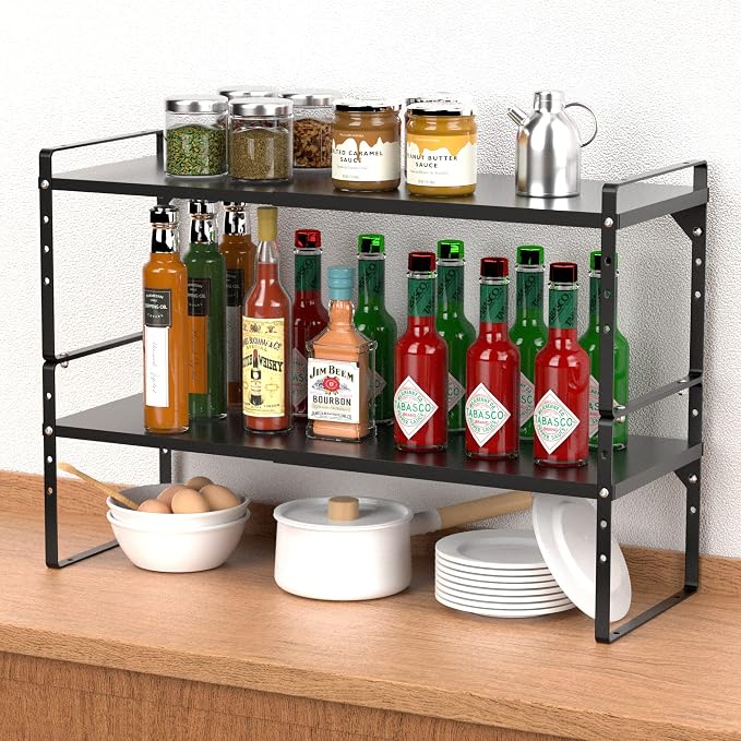iPEGTOP Expandable Cabinet Storage Shelf Organizer Rack, Heavy Duty Steel Metal Spice Rack Adjustable Height Home Office Garage Pantry Shelves for Counter Kitchen Organization, Black, 2 Pack - Image 2