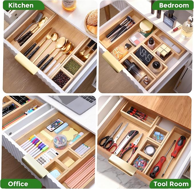 MapleGrace Bamboo Drawer Organizer Set, 14 PCS Wood Storage Organizers - Image 4