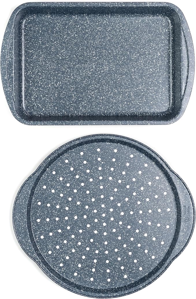 Russell Hobbs COMBO-5440 Pizza Roasting Tin Set, Non-Stick Oven Trays, Perforated Baking Pan with Deep Roaster, Carbon Steel, 2 Piece, Nightfall Stone Collection, Blue Marble, 37/38 cm - Image 3