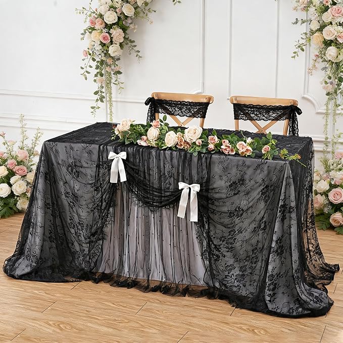 Black Tablecloth Lace Table Fabric 2pcs 60x120 Inch for Scary Movies - Image 2