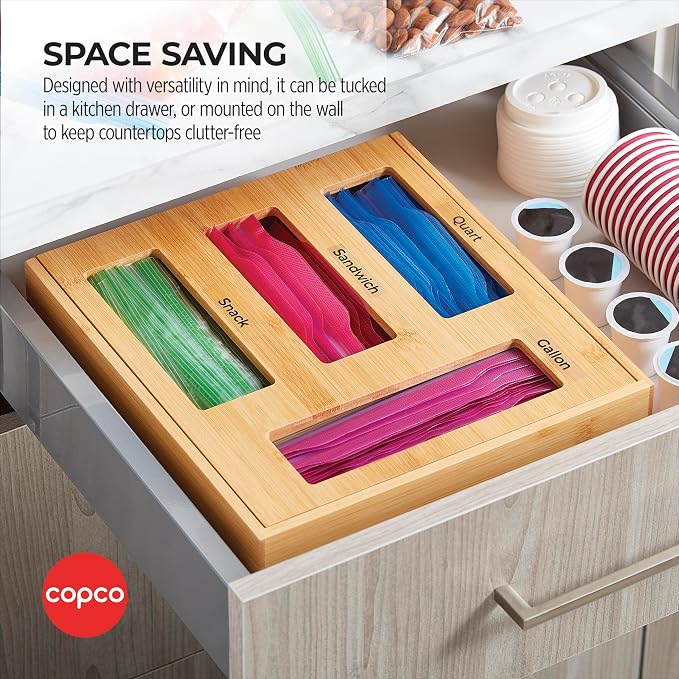 Copco Bamboo Storage Bag Organizer with Labels - 4-Compartment Kitchen Drawer or Wall Mount Holder for Gallon, Quart, Sandwich and Snack Bags, 13 x 12 x 3 Inches - Image 2