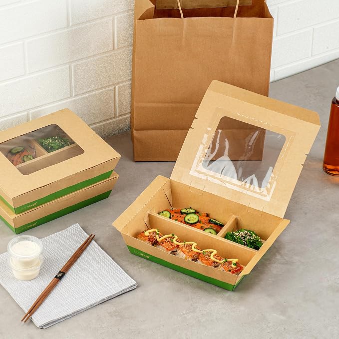 Restaurantware Paper Bento Box 100 Count 51 Ounces Paper Lunch Container Kraft Food Box, Greaseproof Disposable Three Compartment Meal Prep Box with Transparent PLA window - Image 9