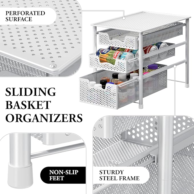 Simple Houseware 3 Tier White Alloy Steel Sliding Basket Organizer Drawer Cabinet - Image 4