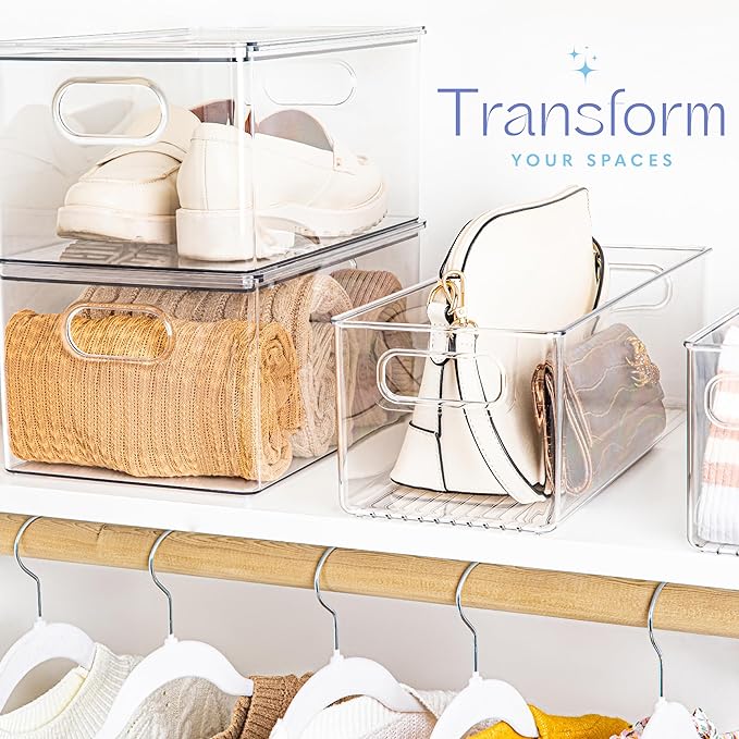 Plastic Food Storage 4 Pack Clear Container Bin with Handles for Organizing Kitchen, Pantry, Fridge, Freezer, Pantry, Bathroom. 14"x6"5" - Image 2