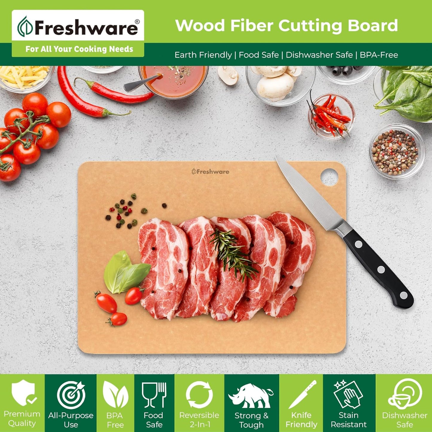 Freshware Wood Cutting Board for Kitchen, Dishwasher Safe, Large, 15" x 11.25", Natural