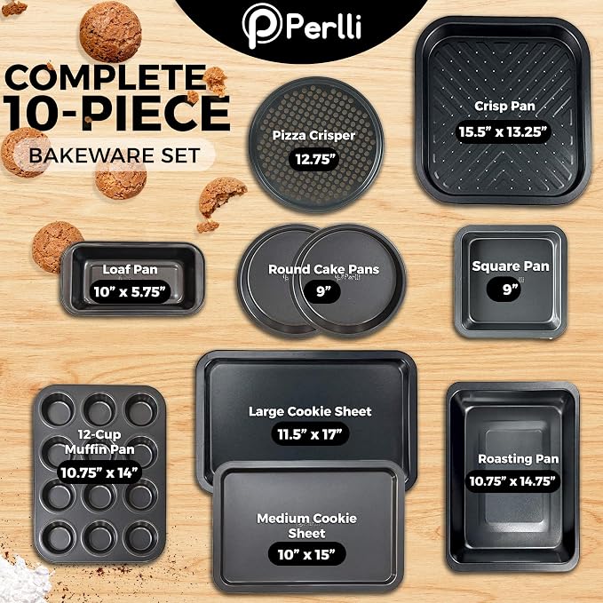 PERLLI Non-Stick 10-Piece Bakeware Set – Carbon Steel with Even Heat Distribution, Oven Safe to 446°F, BPA-Free, Dishwasher Safe, Stackable Baking Tools for Easy Storage and Everyday Cooking - Gray - Image 2