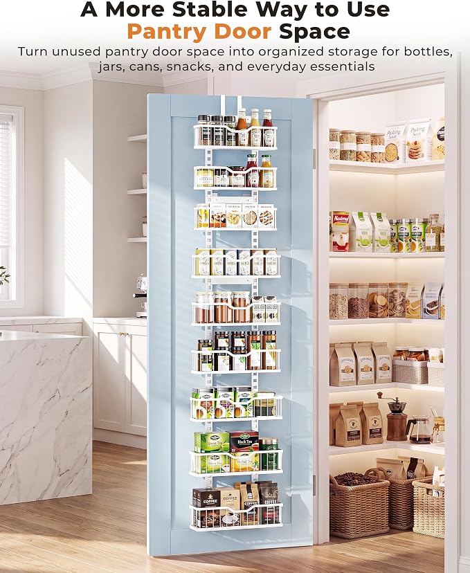 EVERIE Over the Door Pantry Organizer, 9-Tier Heavy Duty Door Storage Rack with Solid Bottom Baskets, Stable No-Bumping Design, Adjustable Hanging Shelves for Kitchen Pantry - Image 2