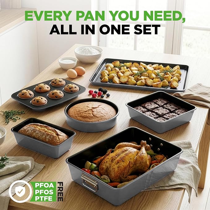 NutriChef 8-Piece Nonstick Stackable Bakeware Set - PFOA, PFOS, PTFE Free Baking Pans Set w/Non-Stick Coating, 450°F Oven Safe, Round Cake, Loaf, Muffin, Wide/Square Pans, Cookie Sheet (Gray) - Image 6
