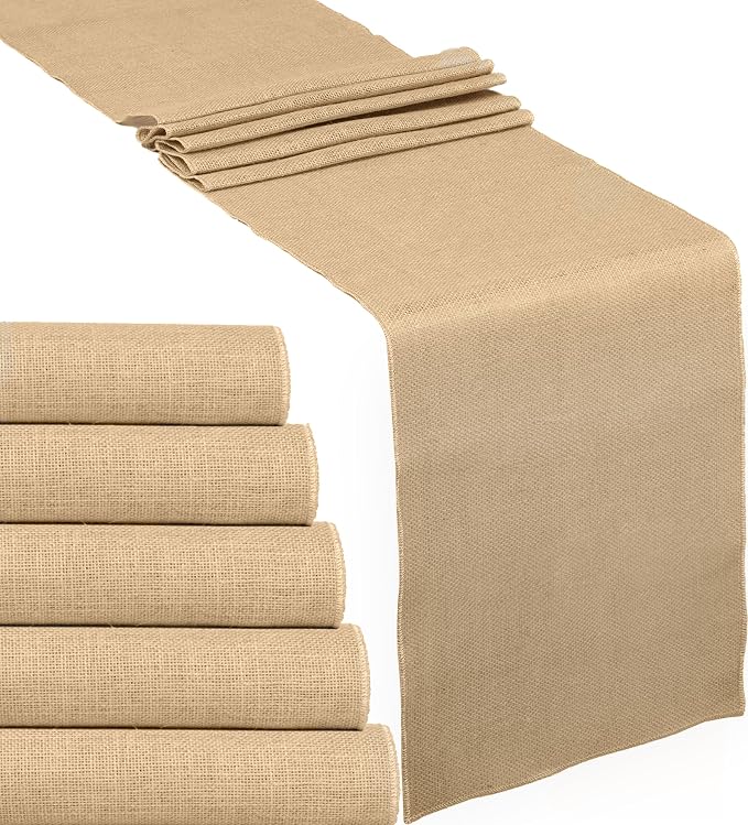 6-Pack Burlap Table Runners 12 x 72 Inches – Natural Jute Rustic Farmhouse Table Decor for Kitchen, Dining, Thanksgiving, Fall Parties & Crafts by FYNITE