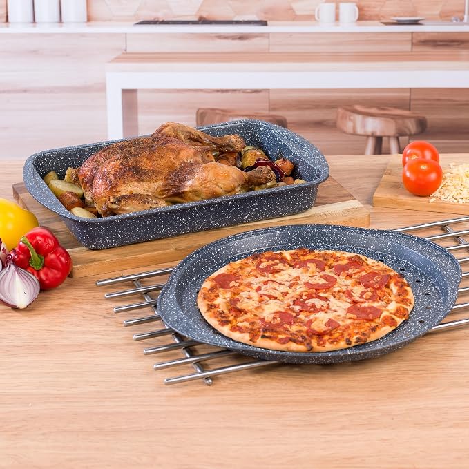 Russell Hobbs COMBO-5440 Pizza Roasting Tin Set, Non-Stick Oven Trays, Perforated Baking Pan with Deep Roaster, Carbon Steel, 2 Piece, Nightfall Stone Collection, Blue Marble, 37/38 cm - Image 5