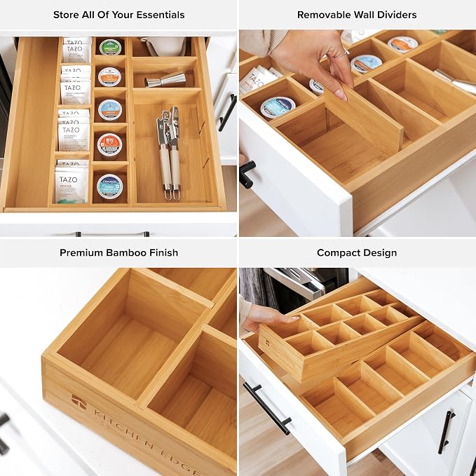 KitchenEdge Utensil & Tea Bag Drawer Organizer, Bamboo - Image 3