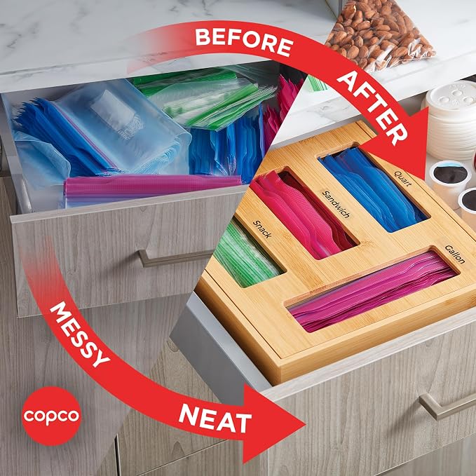 Copco Bamboo Storage Bag Organizer with Labels - 4-Compartment Kitchen Drawer or Wall Mount Holder for Gallon, Quart, Sandwich and Snack Bags, 13 x 12 x 3 Inches - Image 4