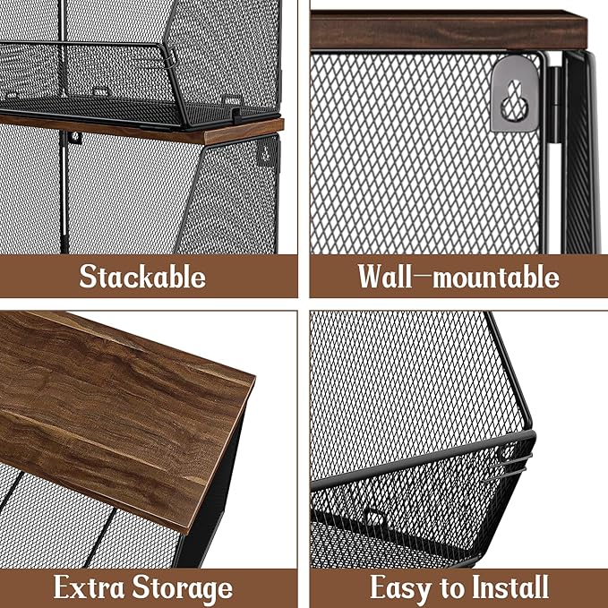 Stackable Fruit Basket for Kitchen Countertop Space Saving, Wall Mounted Mesh Metal Wire Basket with Wood Lid Extra Storage, 2 Pack Kitchen Counter Organizer for Snack, Onion and Potato Storage, White - Image 5