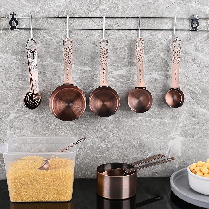 Measuring Cups and Spoons Set 14, Copper Measuring Cups and Spoons Set for Dry & Liquid, Metric & US Stainless Steel 6 Measure Cups and 7 Spoons Set w/Leveler for Kitchen & Baking - Image 9