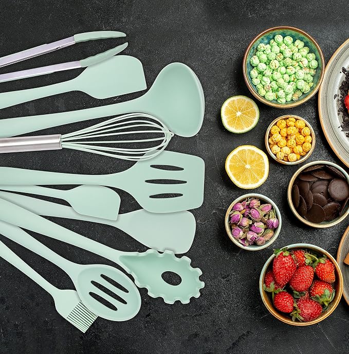 K & G Silicone Cooking Utensils Set of 11 Pieces Food Grade, Heat Resistant Green Kitchen Utensils Set Non-Stick Dishwasher Safe, Odourless and Cookware Friendly utensils - Image 6