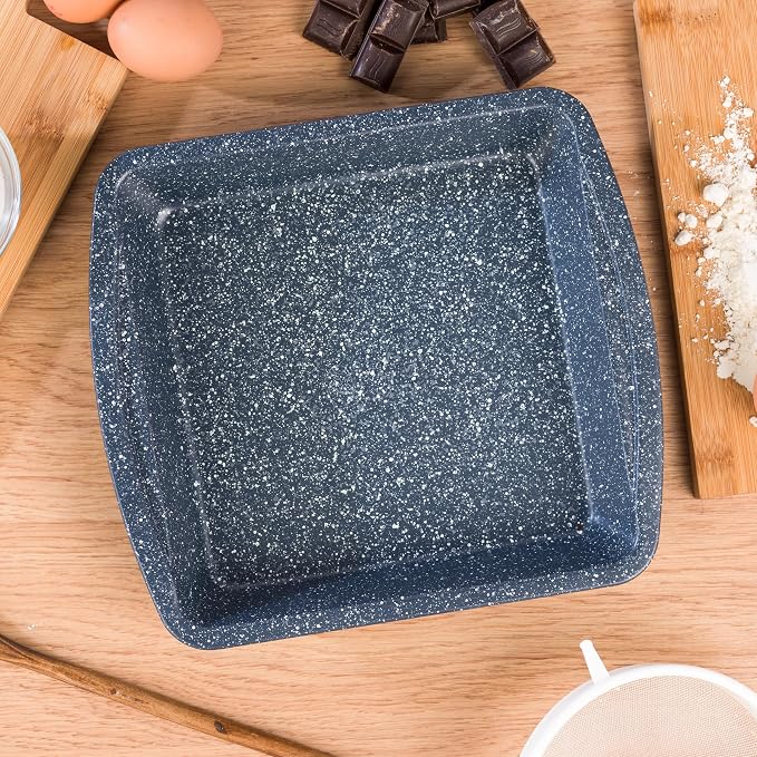 Russell Hobbs COMBO-5444 Square Baking Pan Roaster Tray Set of 2, Non-Stick, Carbon Steel Oven Tins, BPA/PFOA Free, For Brownies, Batch Cooking, Roasting, Nightfall Stone Collection, Blue Marble, 26cm - Image 4