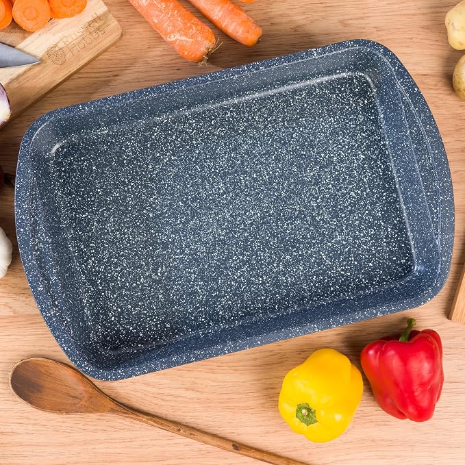 Russell Hobbs COMBO-5440 Pizza Roasting Tin Set, Non-Stick Oven Trays, Perforated Baking Pan with Deep Roaster, Carbon Steel, 2 Piece, Nightfall Stone Collection, Blue Marble, 37/38 cm - Image 7