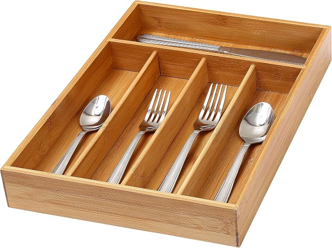 YBM HOME Pack of 6 Bamboo Cutlery Tray Flatware Silverware Drawer Organizer with 5 Compartments, 338 by YBMHome