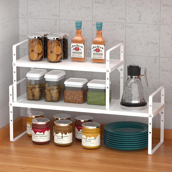 iPEGTOP Expandable Cabinet Storage Shelf Organizer Rack, Heavy Duty Cupboard Stand Spice Rack Adjustable Height Garage Pantry Shelf Space Riser for Counter Kitchen Organization, White, 2 Pack - Image 9