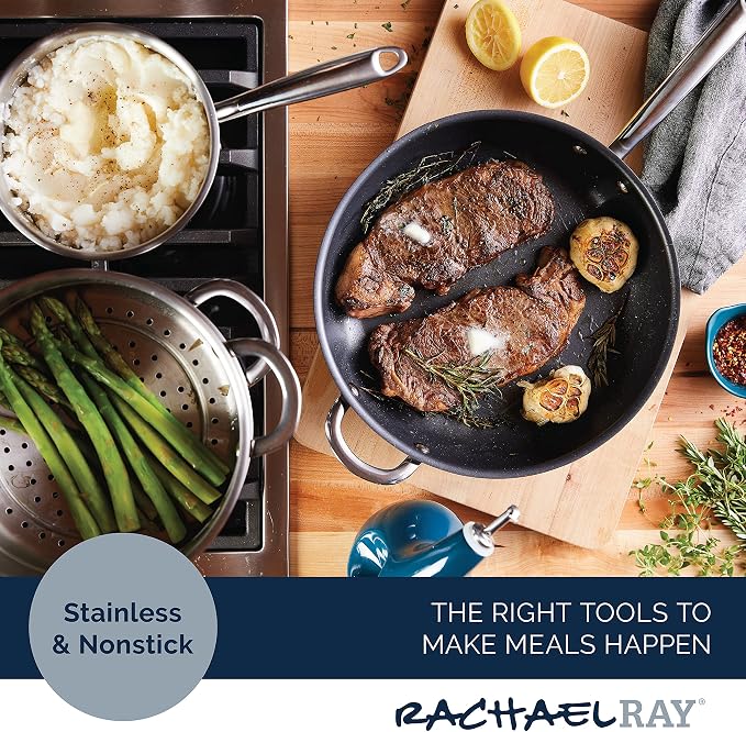 Rachael Ray 70033 Professional Stainless Steel/Hard Anodized Nonstick Cookware Pots and Pans Set, 11 Piece - Gray and Silver - Image 4