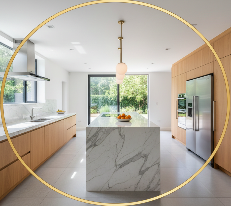 circle photo of kitchen, make a real photo